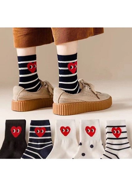 Meguca Socks Kadın Siyah Beyaz Çizgili Kalp Desenli Yarım Konç Kolej Çorap Seti 5 Çift