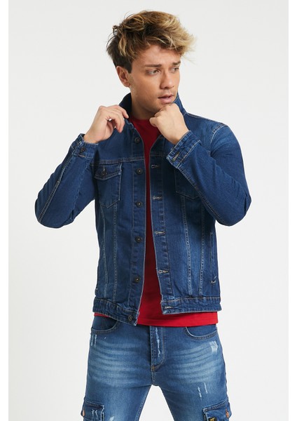 Slim Fit Likralı Erkek Koyu Mavi Kot Ceket