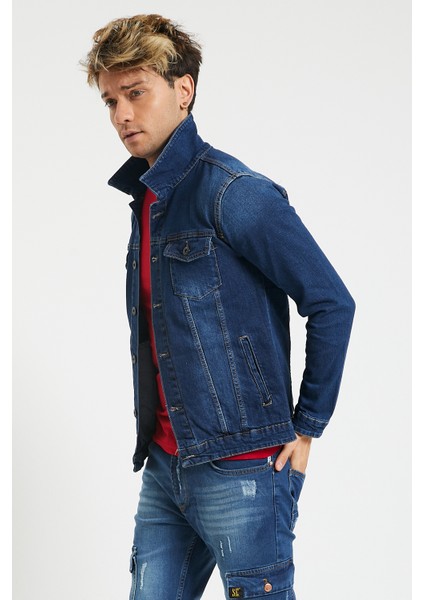 Slim Fit Likralı Erkek Koyu Mavi Kot Ceket fiyatları