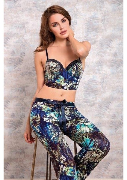 Anıl 4152 Kadın Çiçekli Viskon Push Up Bralet Mavi Pijama Takım