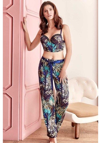 Anıl 4152 Kadın Çiçekli Viskon Push Up Bralet Mavi Pijama Takım