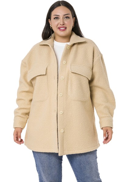 Büyük Beden Düşük Kollu Göğüsten Büyük Cepli Yanı Yırtmaçlı Buklet Bej Ceket Gömlek