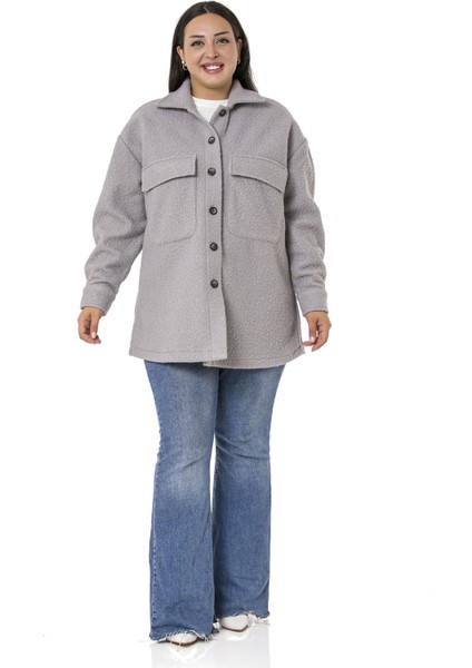 Büyük Beden Düşük Kollu Göğüsten Büyük Cepli Yanı Yırtmaçlı Buklet Gri Ceket Gömlek fiyatları