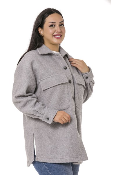 Büyük Beden Düşük Kollu Göğüsten Büyük Cepli Yanı Yırtmaçlı Buklet Gri Ceket Gömlek fırsatları