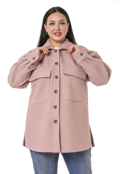 Büyük Beden Düşük Kollu Göğüsten Büyük Cepli Yanı Yırtmaçlı Buklet Pudra Ceket Gömlek