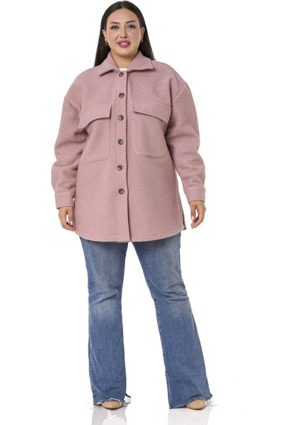 Büyük Beden Düşük Kollu Göğüsten Büyük Cepli Yanı Yırtmaçlı Buklet Pudra Ceket Gömlek fiyatları