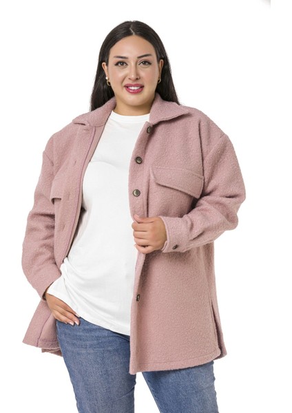 Büyük Beden Düşük Kollu Göğüsten Büyük Cepli Yanı Yırtmaçlı Buklet Pudra Ceket Gömlek indirimleri