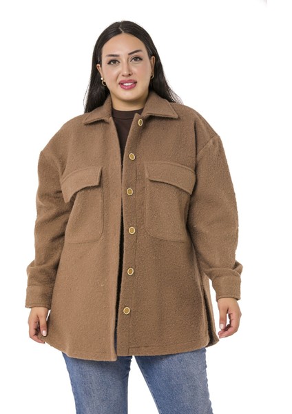 Büyük Beden Düşük Kollu Göğüsten Büyük Cepli Yanı Yırtmaçlı Buklet Kahverengi Ceket Gömlek