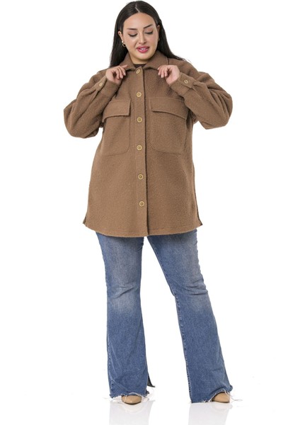 Büyük Beden Düşük Kollu Göğüsten Büyük Cepli Yanı Yırtmaçlı Buklet Kahverengi Ceket Gömlek fiyatları