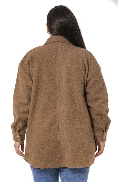 Büyük Beden Düşük Kollu Göğüsten Büyük Cepli Yanı Yırtmaçlı Buklet Kahverengi Ceket Gömlek modelleri