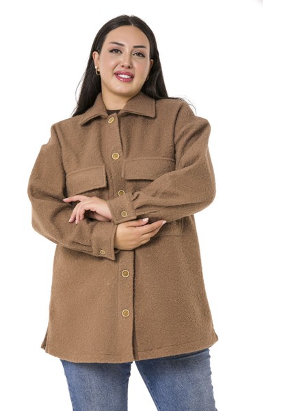 Büyük Beden Düşük Kollu Göğüsten Büyük Cepli Yanı Yırtmaçlı Buklet Kahverengi Ceket Gömlek fırsatları