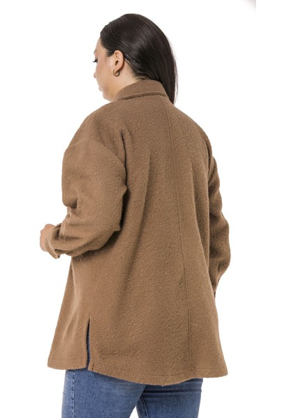 Büyük Beden Düşük Kollu Göğüsten Büyük Cepli Yanı Yırtmaçlı Buklet Kahverengi Ceket Gömlek indirimleri