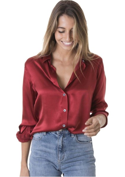 Kadın Saten Bordo Gömlek