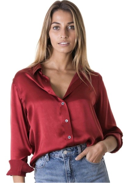 Kadın Saten Bordo Gömlek modelleri