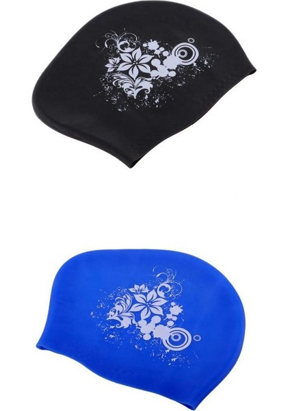 2 Adet Elastik Silikon Yüzme Kapakları Yüzme Havuzu Şapkalar - Siyah ve Koyu Mavi