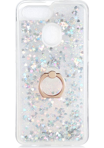 Oppo A5S Kılıf Simli Sıvılı Kalplı Yüzüklü Milce Kapak