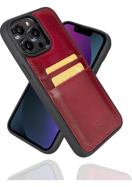 Apple iPhone 14 Pro Max Uyumlu Deri Kartlıklı Arka Kapak V4EF Kırmızı