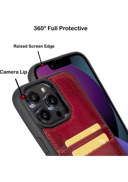Apple iPhone 14 Pro Max Uyumlu Deri Kartlıklı Arka Kapak V4EF Kırmızı fırsatları