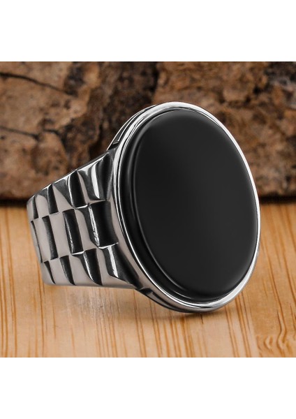 925 Ayar Gümüş Oval Siyah Oniks Taşlı Saat Kordon Tasarımlı Erkek Yüzük