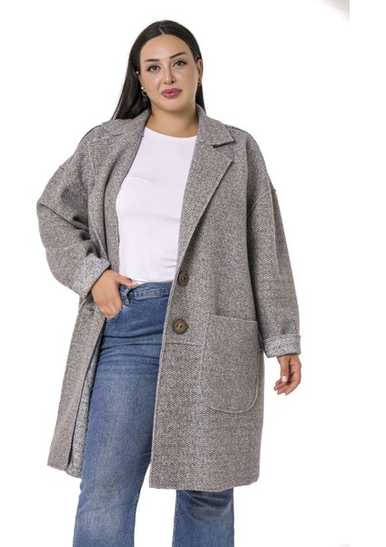 Büyük Beden Düşük Kollu Torba Cepli Büyük Düğmeli Pis Dikişli Oversize Simli Gri Ceket fiyatları