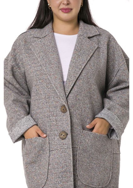 Büyük Beden Düşük Kollu Torba Cepli Büyük Düğmeli Pis Dikişli Oversize Simli Gri Ceket indirimleri