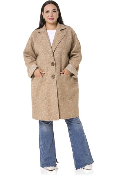 Büyük Beden Düşük Kollu Torba Cepli Büyük Düğmeli Pis Dikişli Oversize Simli Vizon Ceket