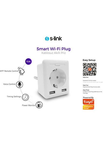 S-Lınk Swapp Sl-04 1 Priz 10A Akım Korumalı Akıllı Prız 2.4 Ghz Wıfı Tuya De 2 USB
