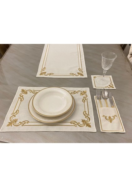 Keten Gold Işlemeli Amerikan Servis Runner Takımı 6 Kişilik(19 Parça)