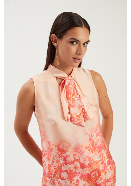 Desenli Fular Detaylı Bluz - Turuncu