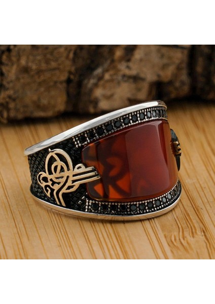 925 Ayar Gümüş Osmanlı Tuğralı Kırmızı Akik Taşlı Yüzük