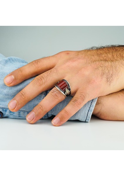925 Ayar Gümüş Osmanlı Tuğralı Kırmızı Akik Taşlı Yüzük fiyatları