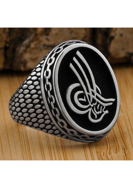 Osmanlı Tuğralı Zincir Desenli 925 Ayar Gümüş Yüzük