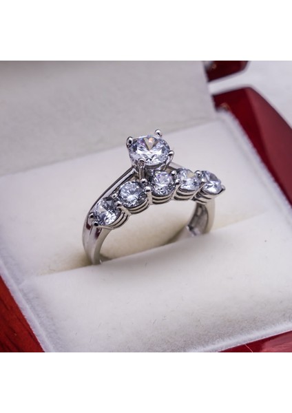 925 Ayar Gümüş Zirkon Taşlı Tektaş Beştaş Birleşik Yüzük 3