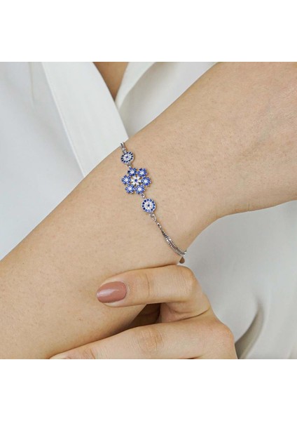 925 Ayar Gümüş Nazar Boncuklu Kar Tanesi Bayan Bileklik