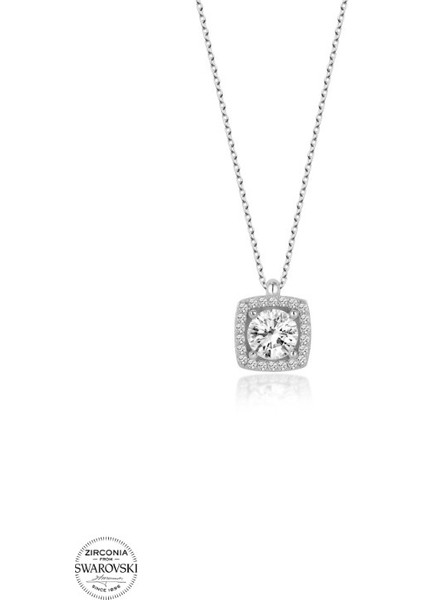 Swarovski Zirconia Kare Baget Pırlanta Montür 925 Ayar Gümüş Kolye