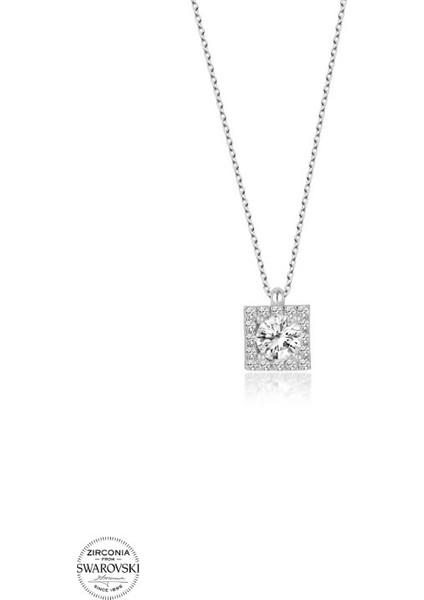 Swarovski Zirconia Kare Baget Pırlanta Montür 925 Ayar Gümüş Kolye