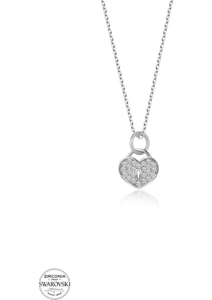Swarovski Zirconia Kilit Kalp 925 Ayar Gümüş Kolye
