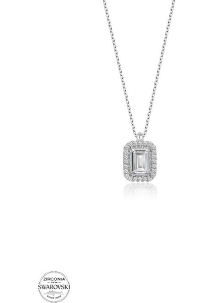 Swarovski Zirconia Kare Baget Pırlanta Montür 925 Ayar Gümüş Kolye