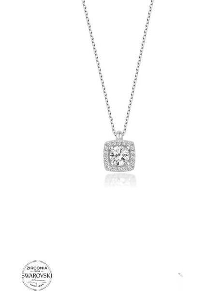 Swarovski Zirconia Kare Baget Pırlanta Montür 925 Ayar Gümüş Kolye