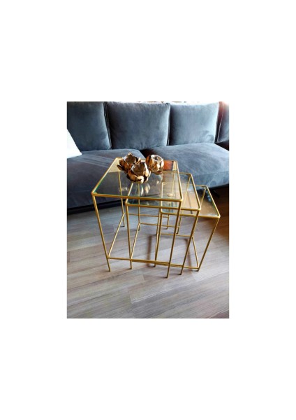 Goldish Kare Nesting 3'lü Zigon Yan Sehpa Gold