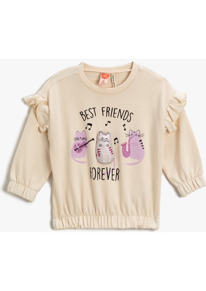 Kedi Baskılı Fırfırlı Sweatshirt Pamuklu