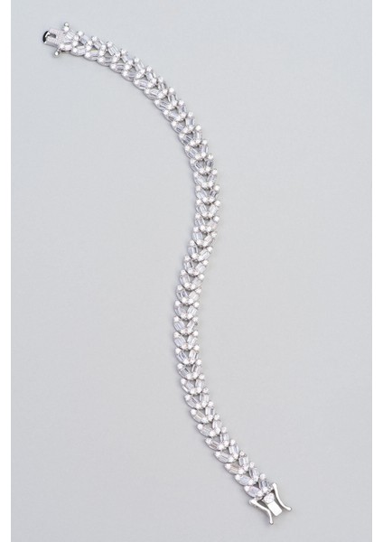 Baget Taşlı 18 Ayar Beyaz Altın Kaplama 18 cm Gümüş Bileklik