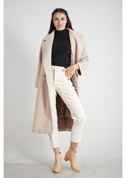 Taş Önden Düğmeli Leopar Astarlı Oversize Örme Kaşe Kaban 0108068.50 modelleri
