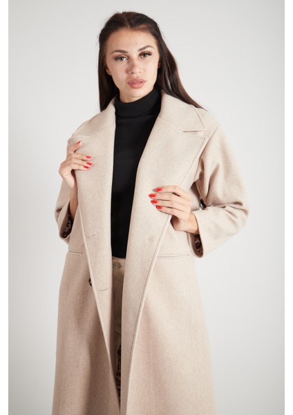 Taş Önden Düğmeli Leopar Astarlı Oversize Örme Kaşe Kaban 0108068.50 indirimleri