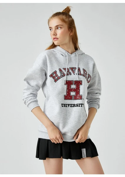 Oversize Kolej Sweatshirt Kapüşonlu Baskılı Harvard Lisanslı