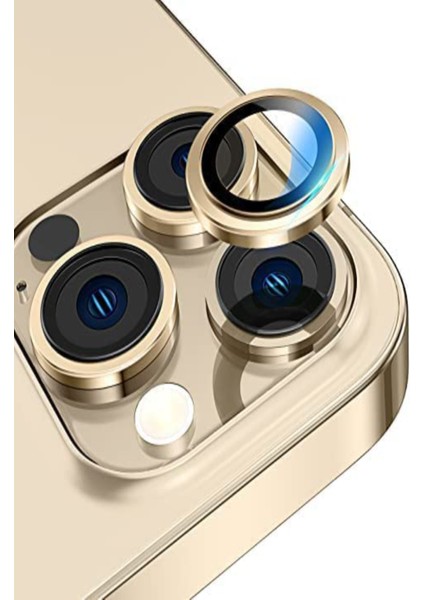 Apple iPhone 13 Pro Max Alüminyum Alaşım Temperli Cam Kamera Lens Koruyucu - Gold