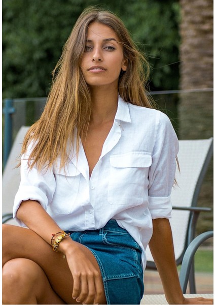 Relax Fit Linen Keten Beyaz Kadın Gömlek