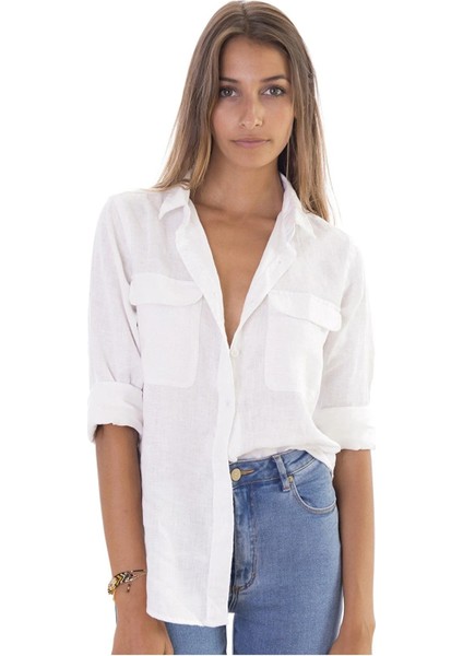 Relax Fit Linen Keten Beyaz Kadın Gömlek modelleri