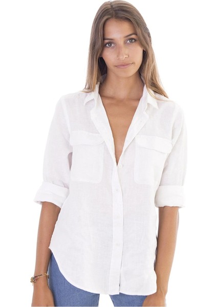 Relax Fit Linen Keten Beyaz Kadın Gömlek fırsatları