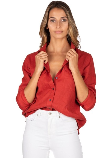 Relax Fit Linen Keten Kırmızı Kadın Gömlek